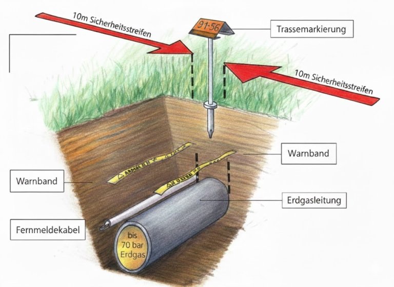 Schematische Darstellung von einem Fernmeldekabel im Bereich unterirdischer Infrastrukturen. Quelle: Erdgas Ostschweiz AG